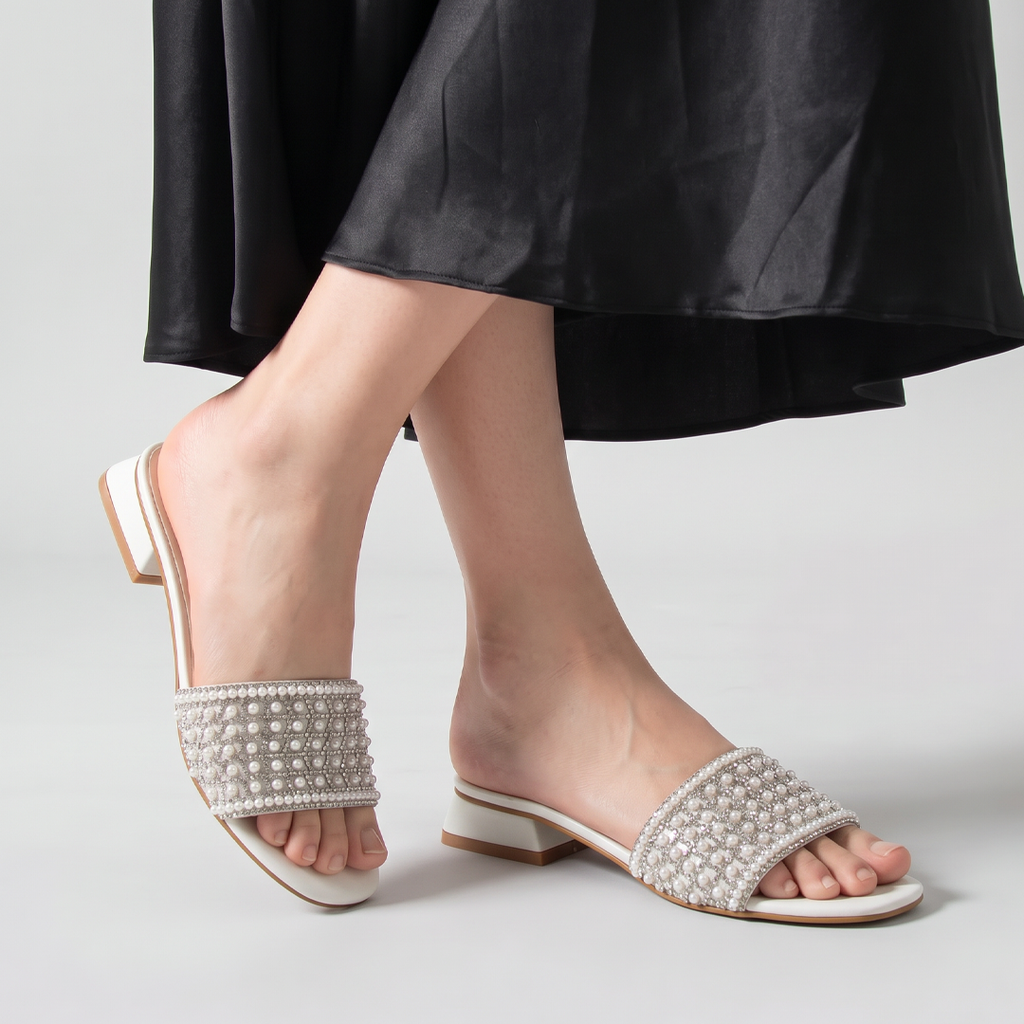 Embellished Low Heel Mules white
