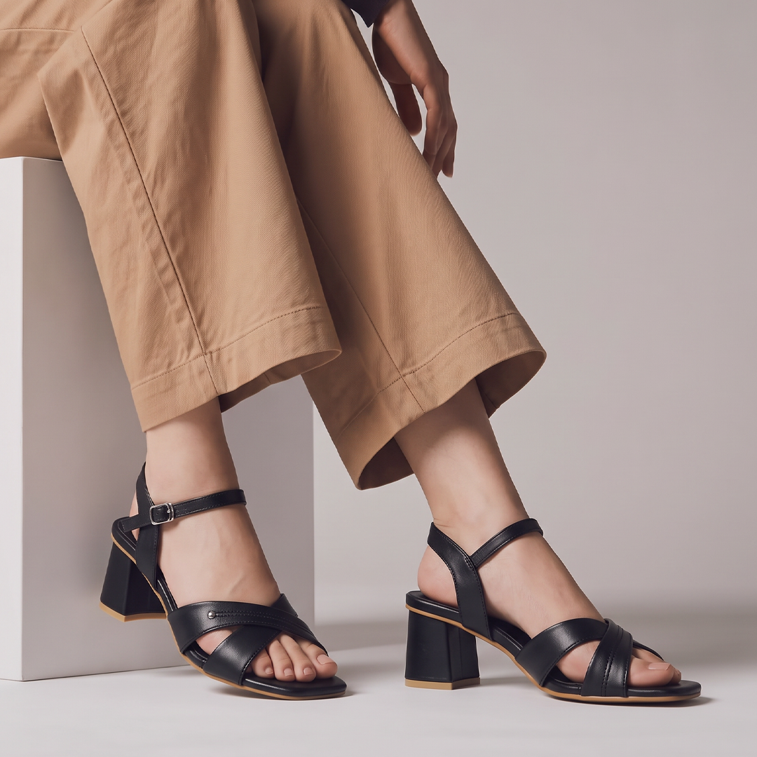Nude Cross Strap Block Heels black