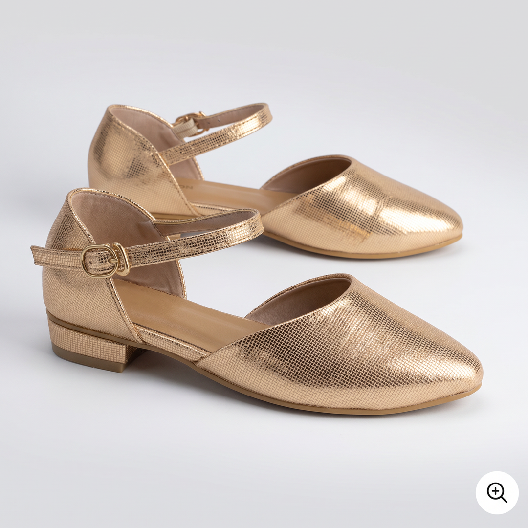 Pointed Toe Ankle Strap Flats gold