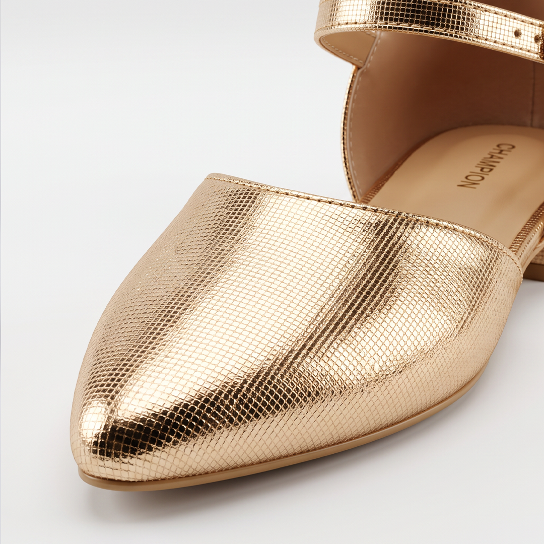 Pointed Toe Ankle Strap Flats gold