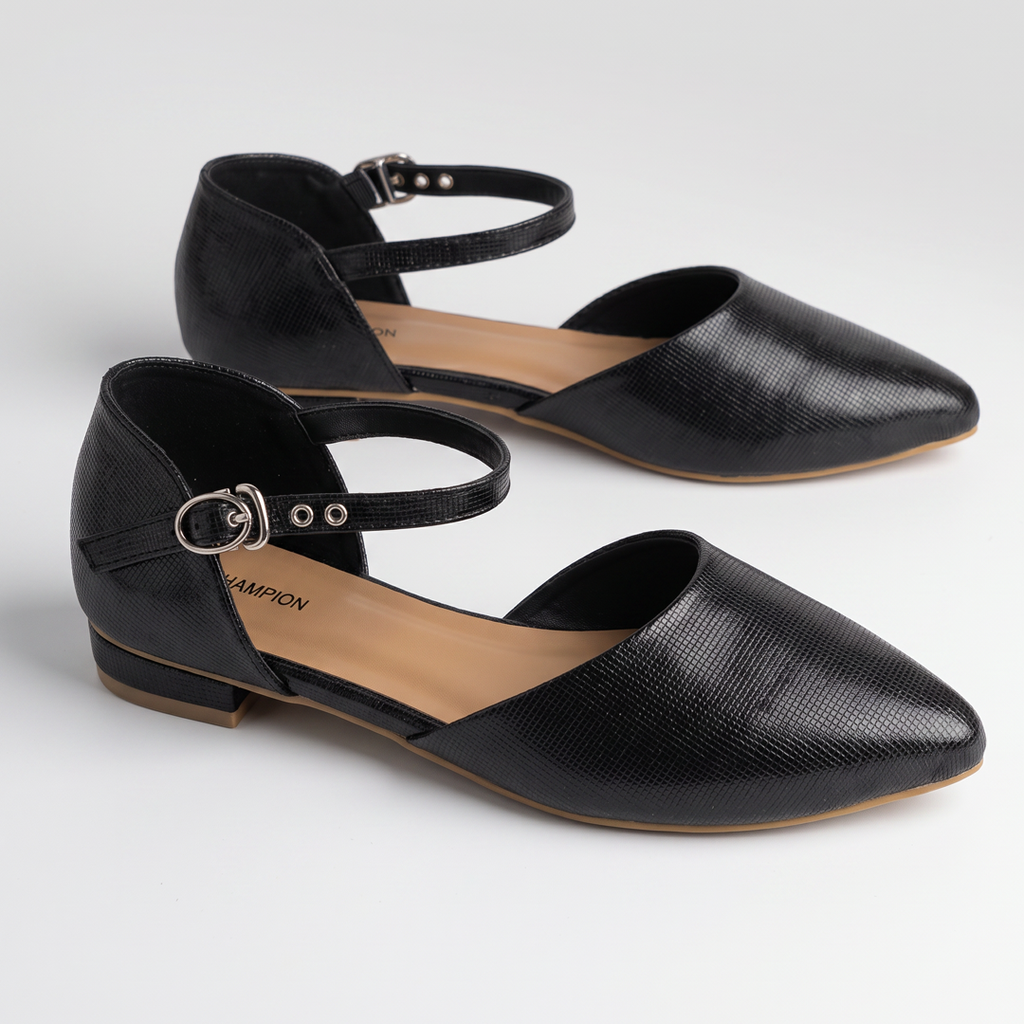 Pointed Toe Ankle Strap Flats black