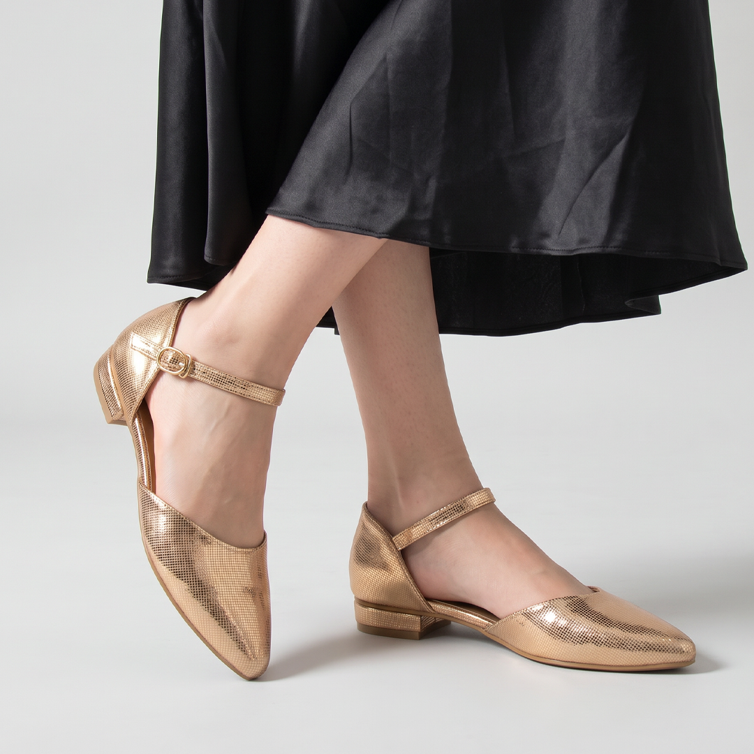 Pointed Toe Ankle Strap Flats gold