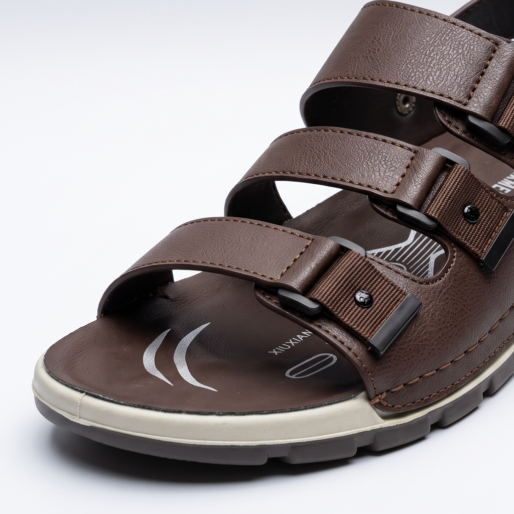 Triple Strap Sport Sandals Men's Brown Leather