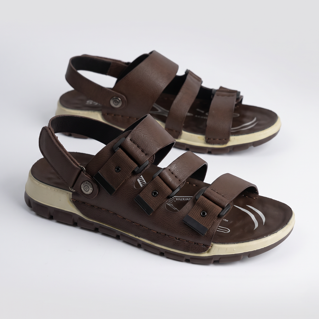 Triple Strap Sport Sandals Men's Brown Leather