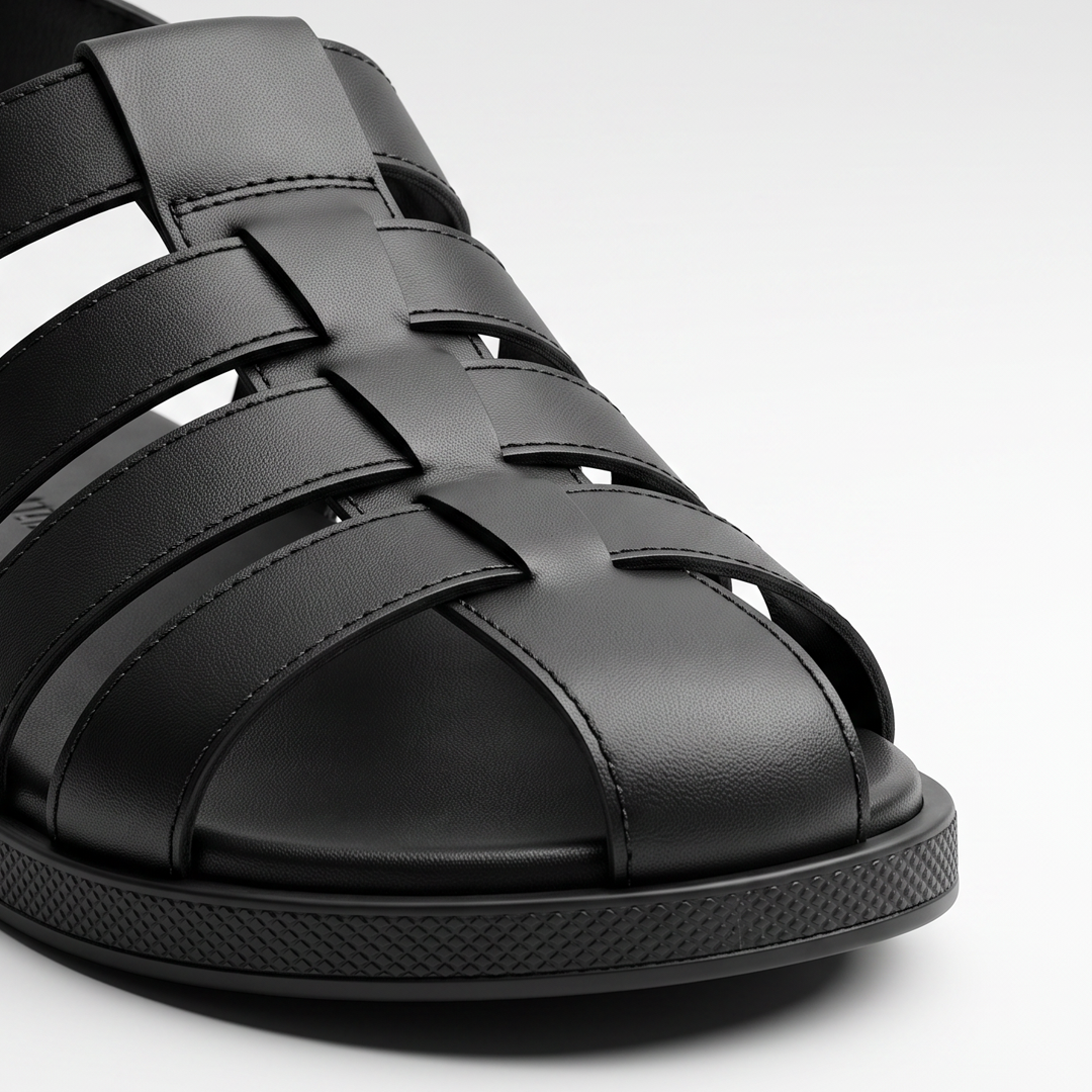 Woven Fisherman Sandals Men's Black Leather
