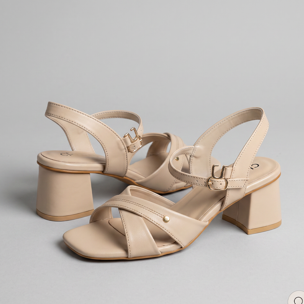 Nude Cross Strap Block Heels fawn