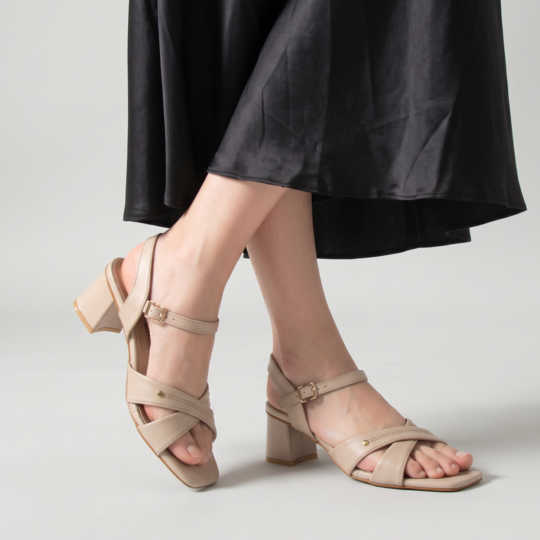 Nude Cross Strap Block Heels fawn