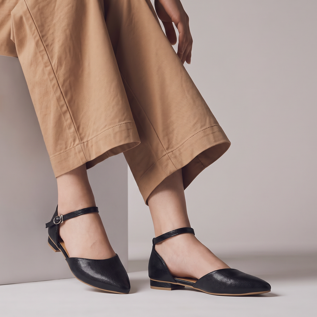 Pointed Toe Ankle Strap Flats black