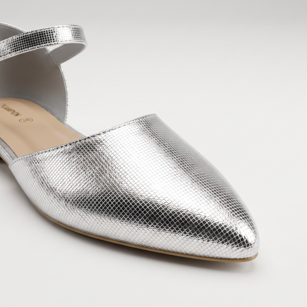 Pointed Toe Ankle Strap Flats silver