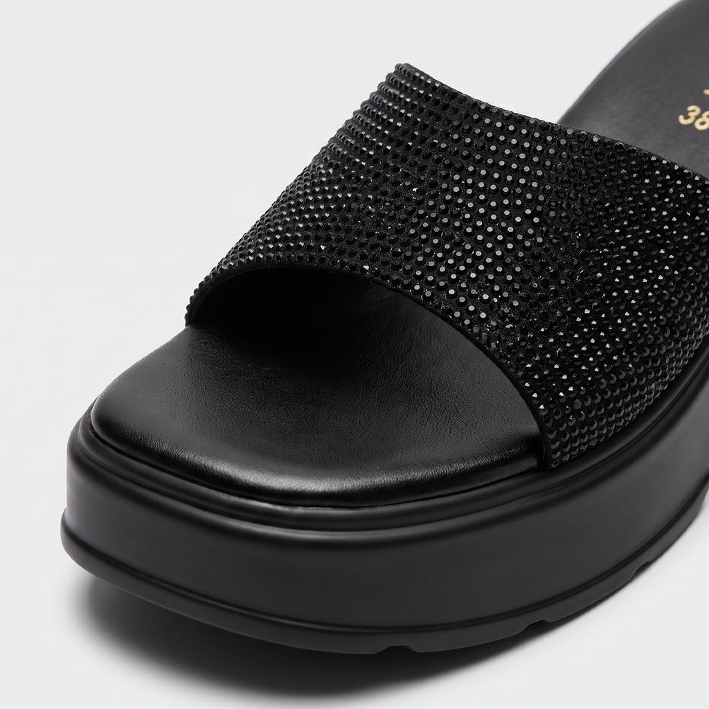 Nude Rhinestone Slide Heels black