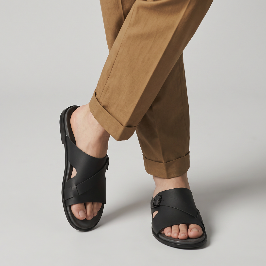 Crossover Slide Sandals Leather black