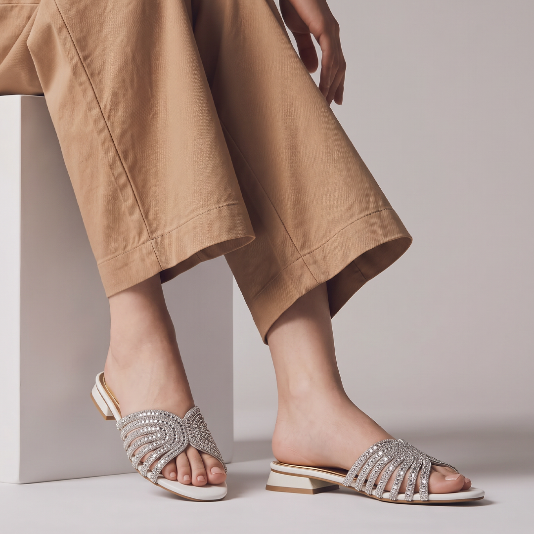 Embellished Low Heel Sandals white