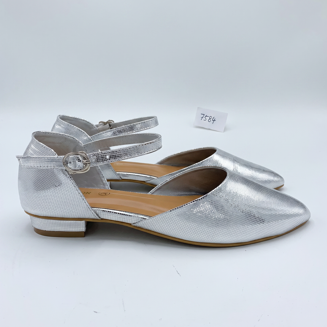 Pointed Toe Ankle Strap Flats silver