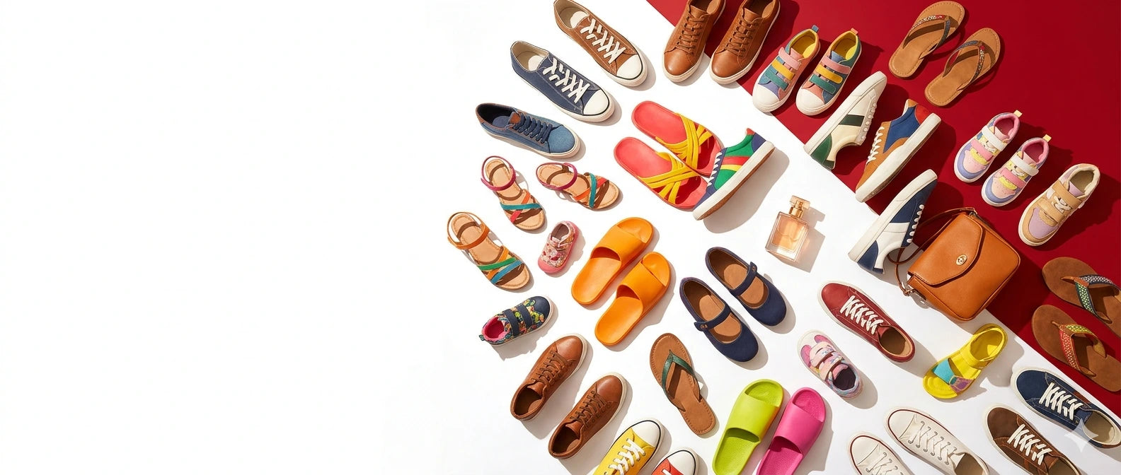 Collection of colorful shoes arranged in a pattern on a white and red background