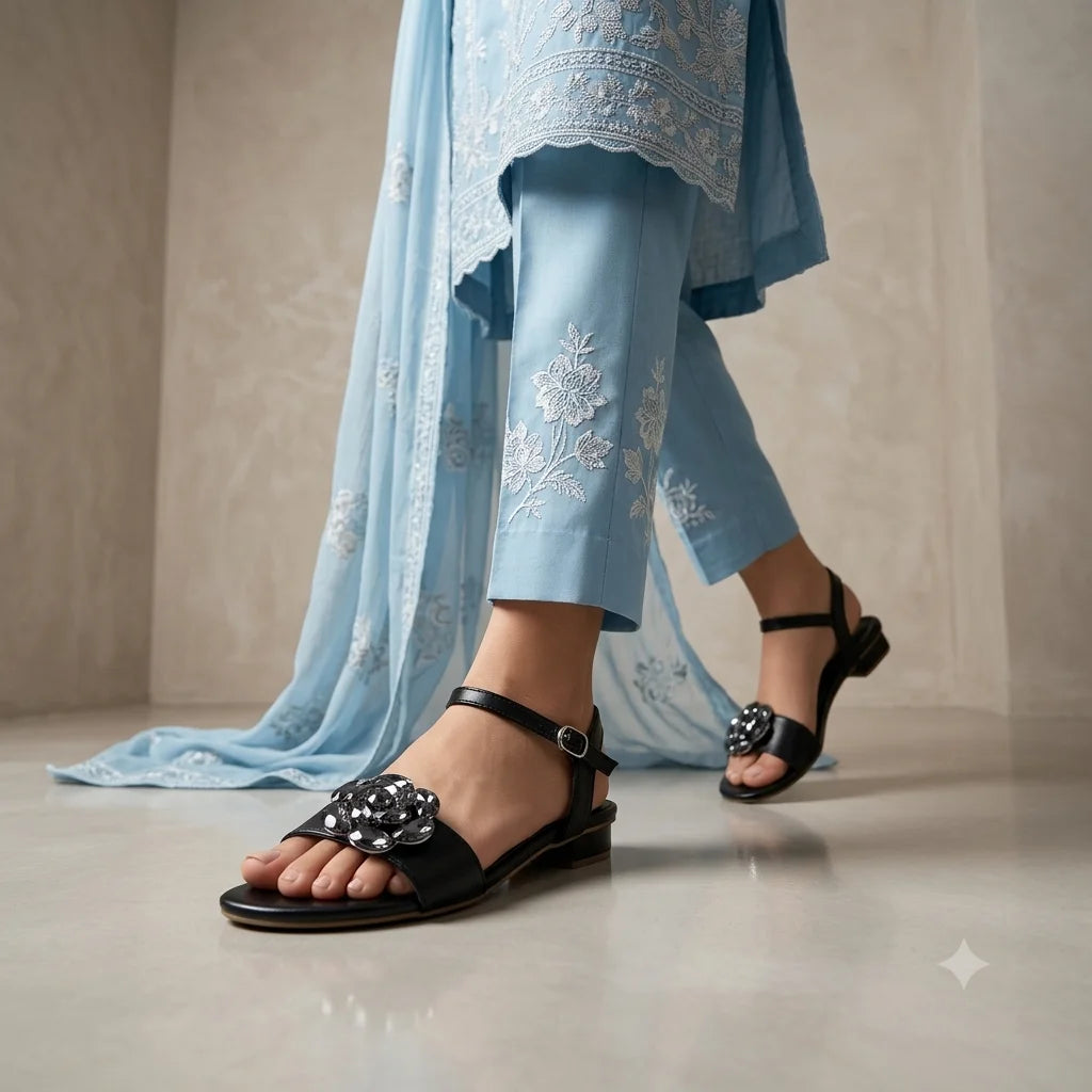 6649  Noir Bloom Low-Heel Sandals