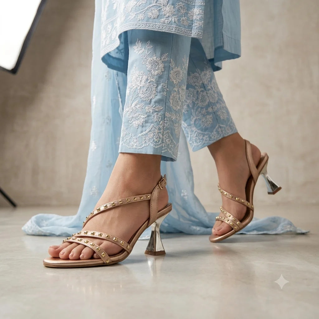 6660  Studded Strappy Flared Heel Sandals
