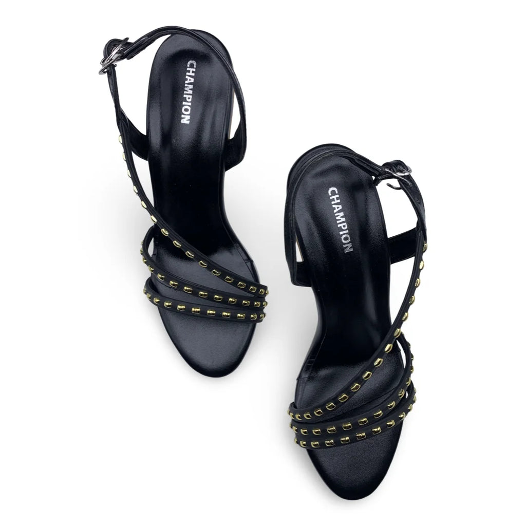 6660  Studded Strappy Flared Heel Sandals