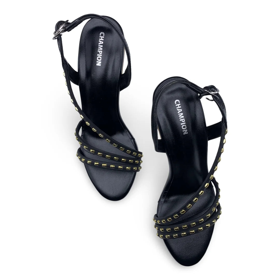 6660  Studded Strappy Flared Heel Sandals
