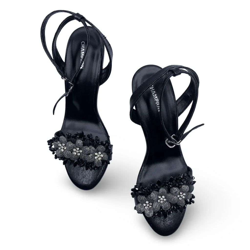 6647  Midnight Flora Spool Heel Sandals